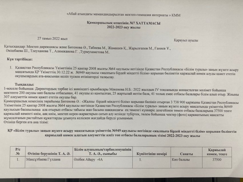 Қамқоршылық кеңесінің №7 ХАТТАМАСЫ 2022-2023 оқу жылы